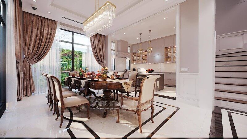 Thiết kế nội thất phòng ăn sang trọng cao cấp phong cách tân cổ điển tại biệt thự Ciputra Tây Hồ Hà Nội