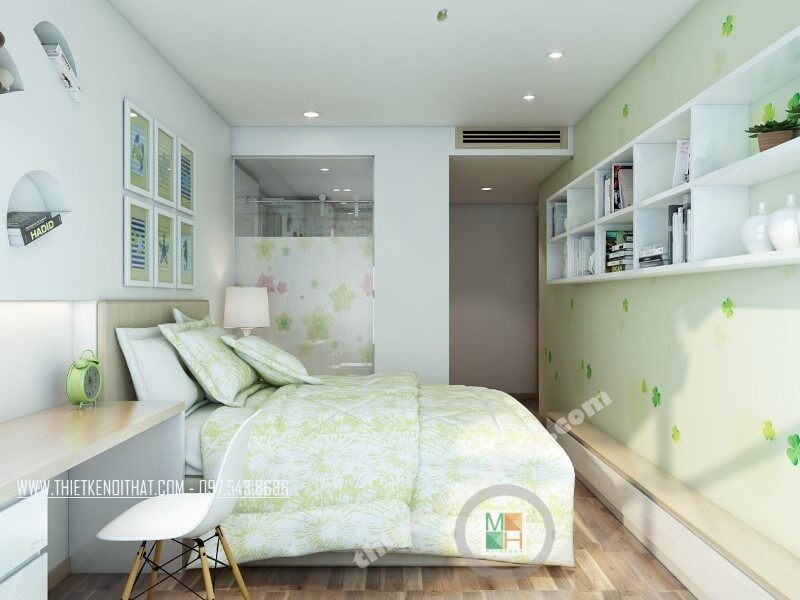 Thiết kế nội thất phòng ngủ cho bé hiện đại với tông màu xanh nhạt giúp không gian căn phòng thêm thoáng và tươi mới